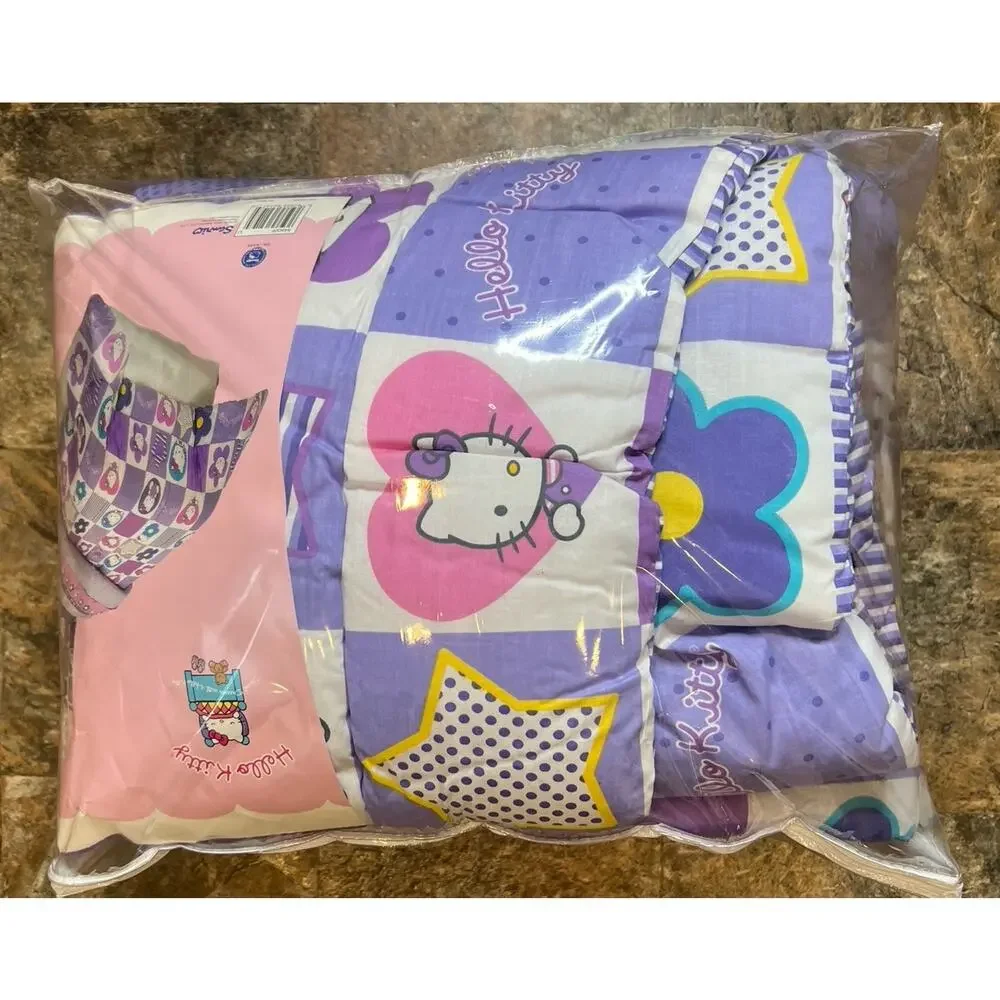 Y2K Hello Kitty Patchwork Stripe Reversible Comforter Sheets Pillowcase Set